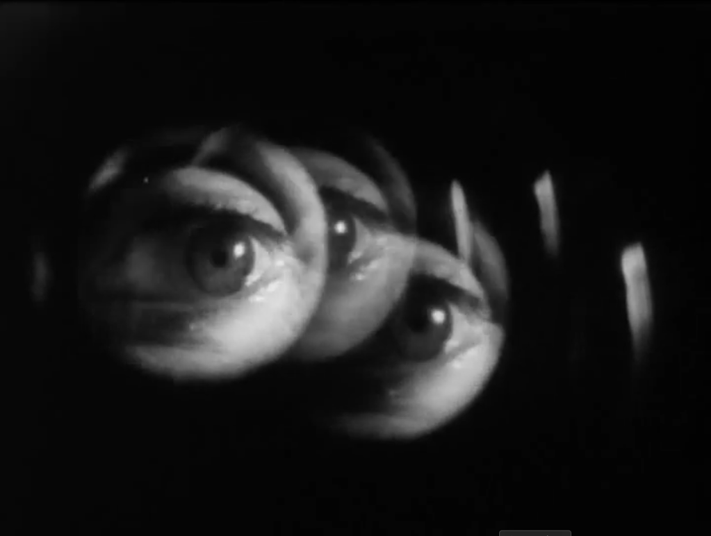 Still from Virginity / Panentsví: neighbors looking through peepholes